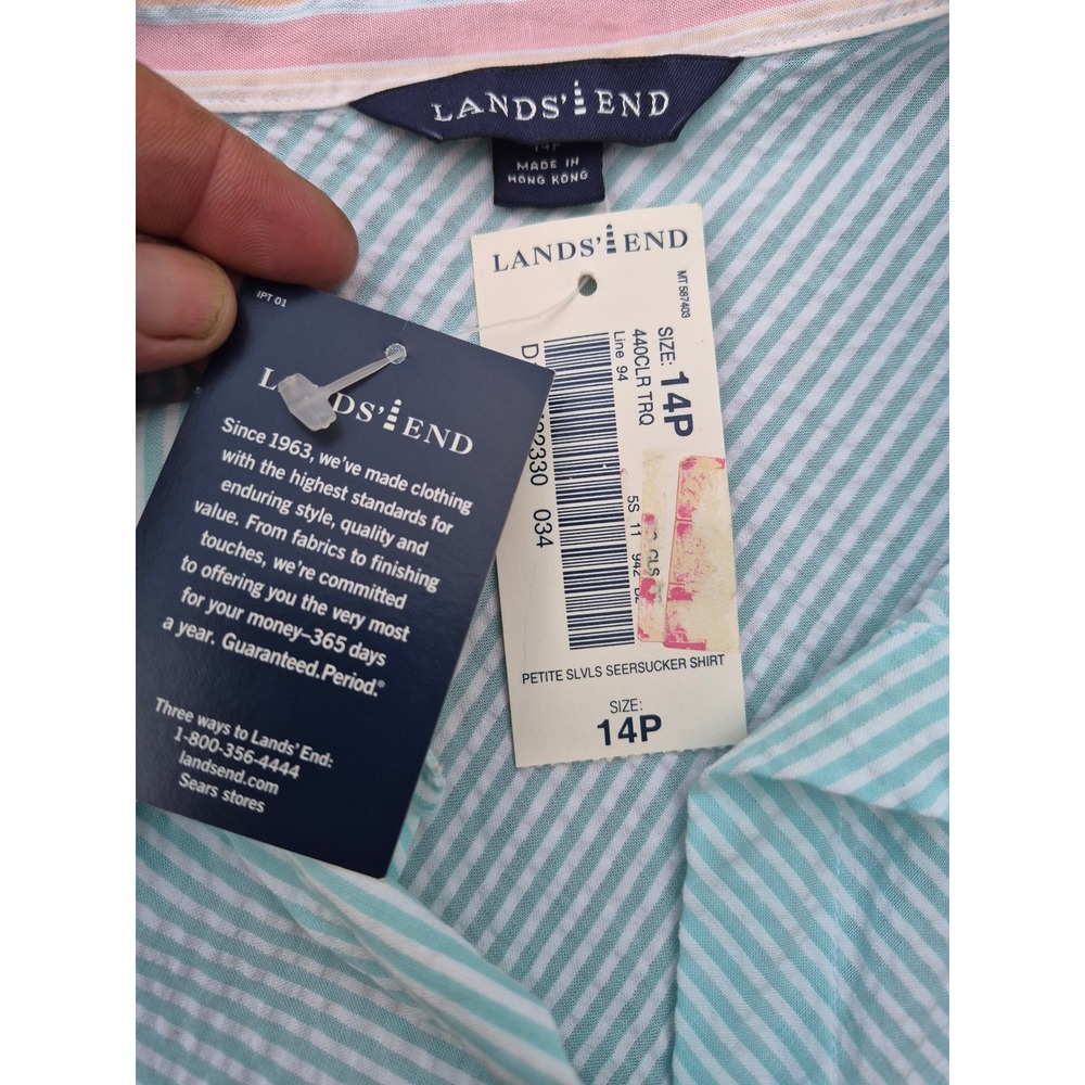 Lands End Womens 14P Blue White Seersucker Sleeveless Button Down nautical NWT - Picture 9 of 12